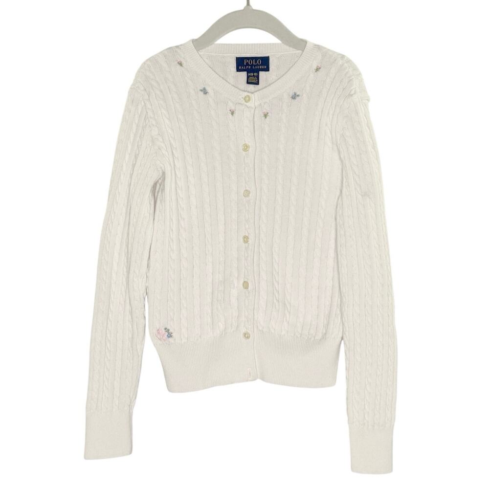 Polo Ralph Lauren Floral Mini Cable Cotton Cardigan M Girls Warm White Preppy